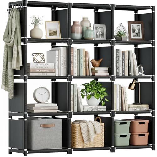 12-Cube Modular Storage Organizer, Stackable Metal Bookcase & Closet Shelf