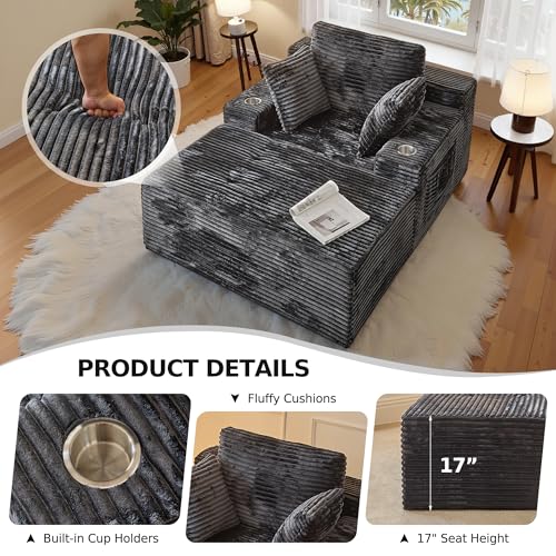 66-Inch Oversized Corduroy Chaise Lounge Chair with 3 Pillows - Grey