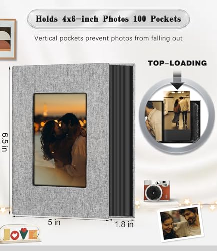 Linen 4x6 Photo Album with Window Cover - Holds 100 Photos, Gray