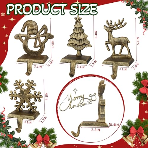 OCTERIC 4Pcs Stocking Hangers Set – Reindeer, Snowman, Snowflake & Tree Mantel Hooks, Anti-Slip Cast Iron