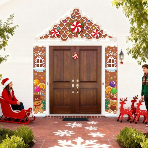 Gingerbread House Door Decor Set – 3pcs Christmas Banner & Rooftop Topper