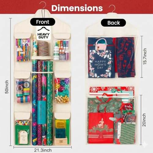 Double-Sided Wrapping Paper Organizer with Wooden Hanger and Pockets