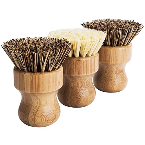 Natural Bamboo Palm Scrub Brush 3-Pack - Round Pot & Dish Scrubber Kit