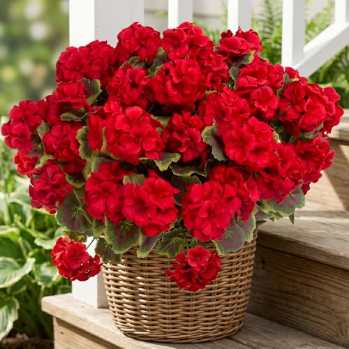 8 Pcs Red Artificial Geranium Plants - UV Resistant Silk Flowers