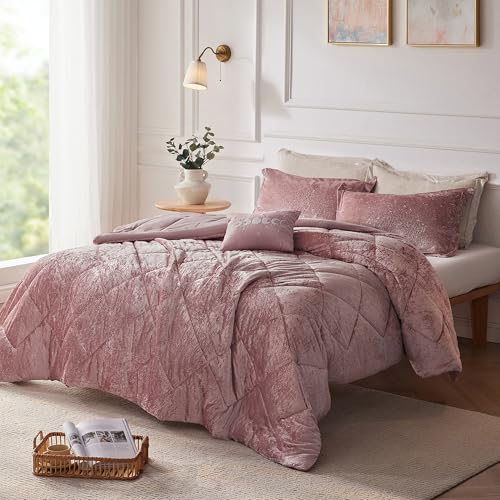Intelligent Design King Comforter Set, Velvet Comforter Set , Luxury Diamond Quilting Comforter Set, Fluffy Comforter Bed Set with Decorative Pillowand 2 Shams, 4 Piece Pink, King/ Cal King
