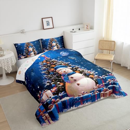 Feelyou Christmas Tree Snowman Snowflake Queen Comforter Set Blue Green White Kids Bedding