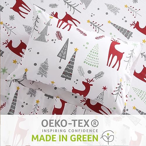 StarBedia Christmas Flannel Sheet Set King 100% Cotton Deep 16" Pocket Gray Deer