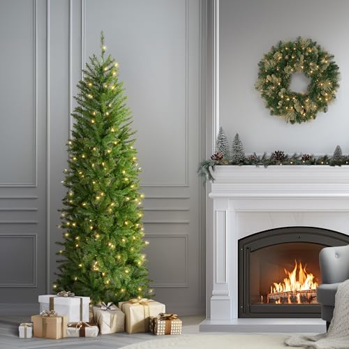 6.5ft Pre-Lit Kingswood Fir Slim Artificial Christmas Tree with Metal Stand