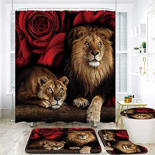 4-Piece Lion and Red Rose Shower Curtain Set with Non-Slip Bath Rugs