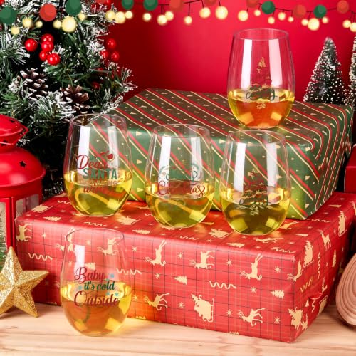Yiyiring 24 Pcs Christmas Stemless Wine Glasses 16 oz, Plastic Glasses with Holiday Patterns