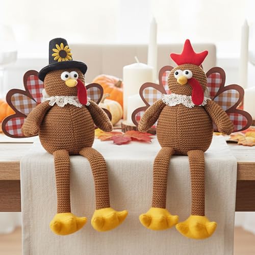 Plush Turkey Couple Decor Set with Dangling Legs - Fall Tabletop Centerpiece