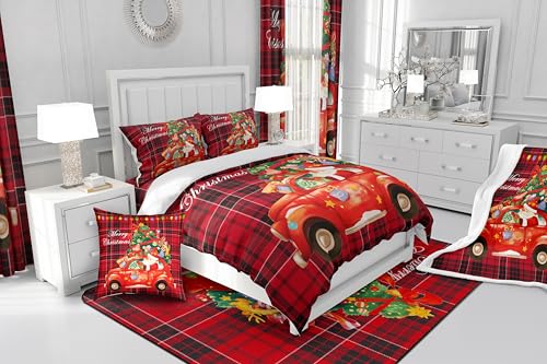 Castle Fairy Merry Christmas Twin Bedding Set with Santa Claus & Car Pattern, 68x90 Duvet Cover & Pillowcase, Red & Black Decor