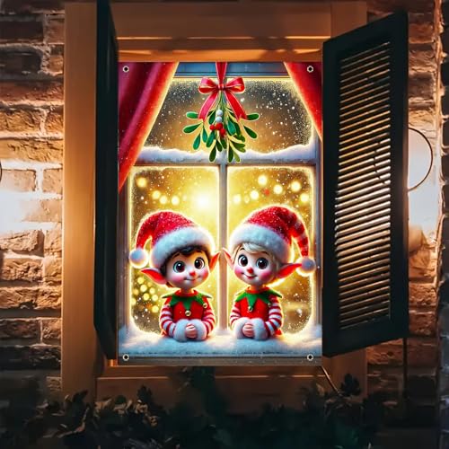 BlissYard Xmas Window Banner 31x47 Elves Twin Scene - Christmas Window Decorating Banner (Variation THIS listing: Christmas Window Banner#1)