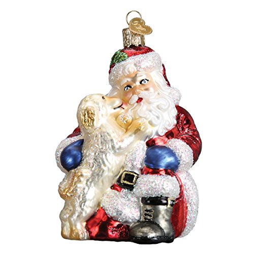 Handcrafted Mouth-Blown Glass Santa with Puppy Christmas Tree Ornament