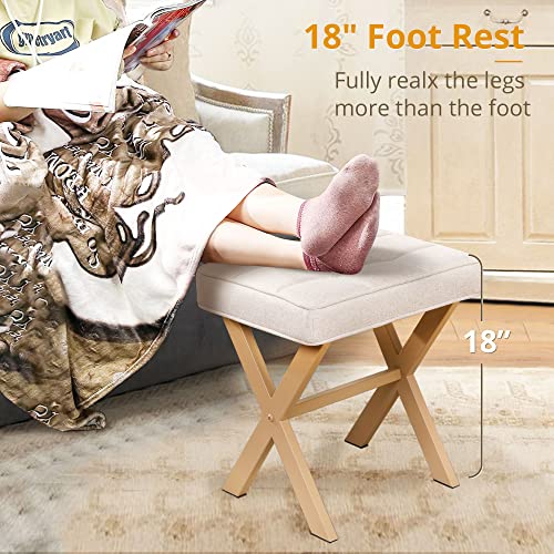 Square Vanity Stool with Metal X Legs and Padded Tufted Seat
