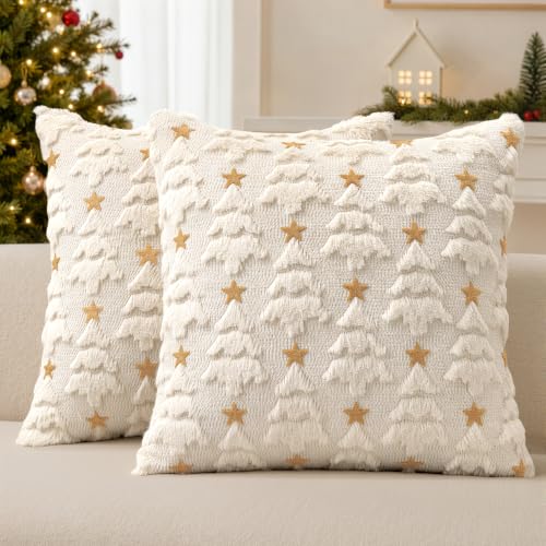 MIULEE 20x20 Cream White Christmas Tree Pillow Covers (Set of 2), Plush Faux Fur & Velvet Back, 3D Tree Design