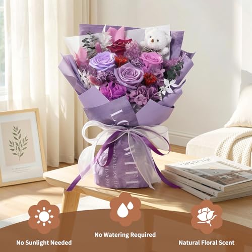 Preserved Purple Rose Bouquet with Bear in Gift Box - Eternal Floral Gift