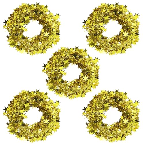 5 Pack 26ft Gold Star Tinsel Garlands with Wire for Christmas & Home Decor