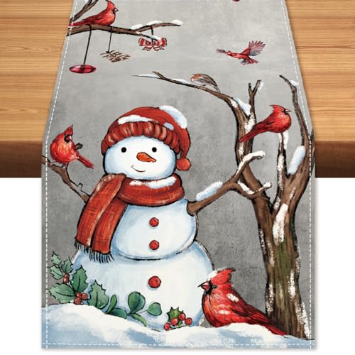 Christmas Red Bird Branch 13x72 Table Runner with Snowman – Burlap Inspired Holiday Decor