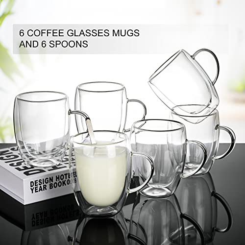 LIBWYS 6 Pack Double Walled Borosilicate Glass Coffee Cups 12oz with Spoons