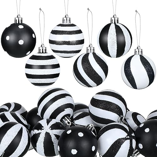 24-Piece Black and White Christmas Ball Ornaments - 2.36-Inch Shatterproof