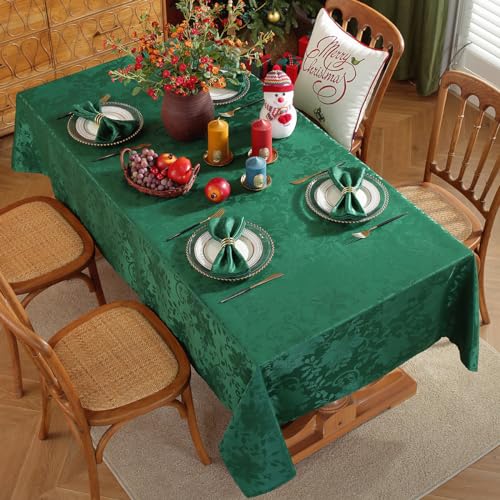 SASTYBALE Green 60x84 Inch Poinsettia Jacquard Christmas Tablecloth, Heavy Duty Wipeable