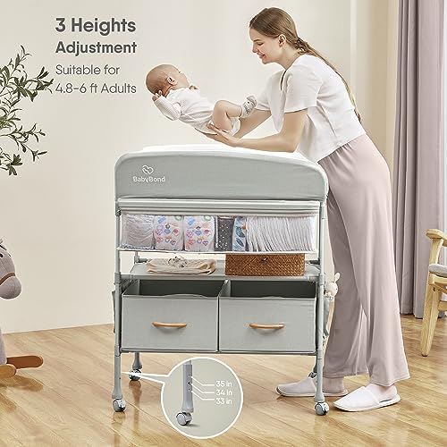 Foldable Baby Changing Table with Lockable Wheels & Storage Baskets (Beige)