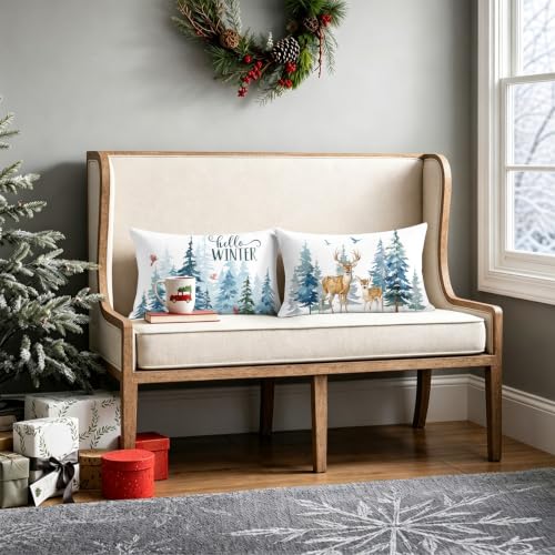 Bonhause Hello Winter Lumbar Pillow Covers 12 x 20 in Set of 2 – Reindeer Snowy Pines Holiday Decor