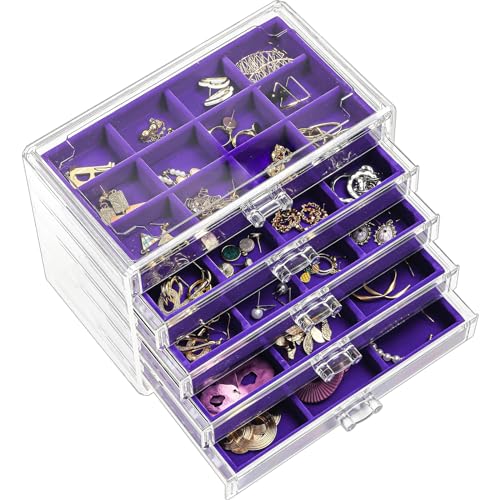 Purple Earring Holder Organizer Jewelry Box with 5 Removable Velvet Trays - Stackable, Compact Storage
