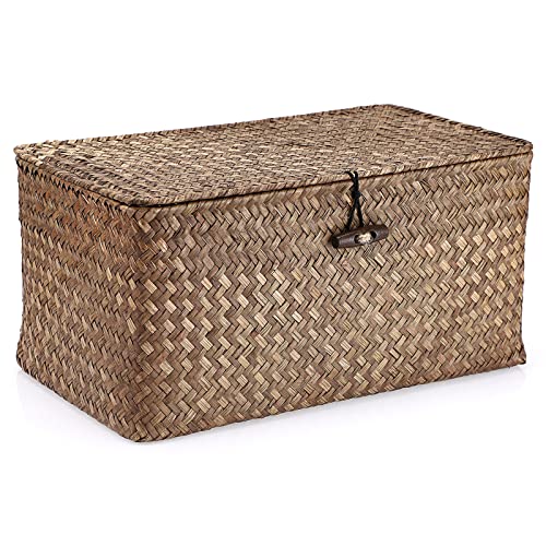 Handwoven Seagrass Storage Basket with Lid Medium Rectangular Shelf Bin