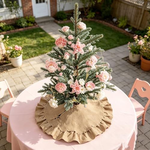 24-Inch Rustic Burlap Christmas Tree Skirt with Ruffle Edge for Tabletop Trees