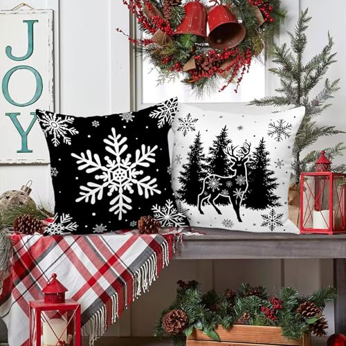 Black Christmas Pillow Covers Set of 4 20x20 Inches Holiday Decor for Sofa Bed Bedroom