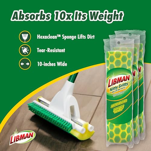 Libman Nitty Gritty Roller Mop Refills | Scrub Mop | Wet Mop | Mops for Floor Cleaning | Sponge Mop | Self Wringing Wood Floor Mop | | 3 Replacement Mop Heads Included