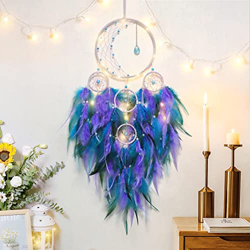 LED Moon Dream Catcher with Lights - Handmade Boho Bedroom Wall Decor