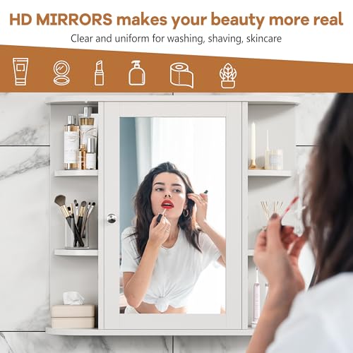White Wall-Mounted Bathroom Medicine Cabinet with Mirror & 6 Shelves