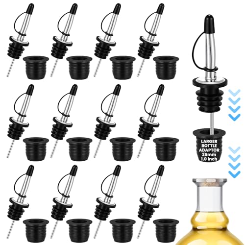12 Pack Liquor Pour Spouts with Large Neck Bottle Adapters - Stainless Steel & Silicone