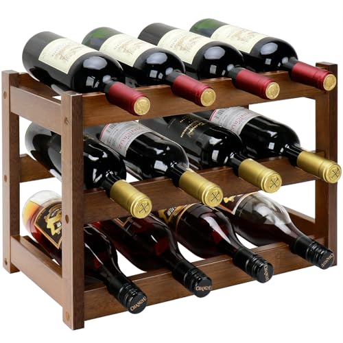 3-Tier Bamboo Wine Rack - 12 Bottle Countertop Storage Holder, Walnut