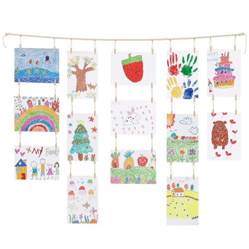 Kids Art Display Wall Hanging, Wood Bead Garland with 34 Clips