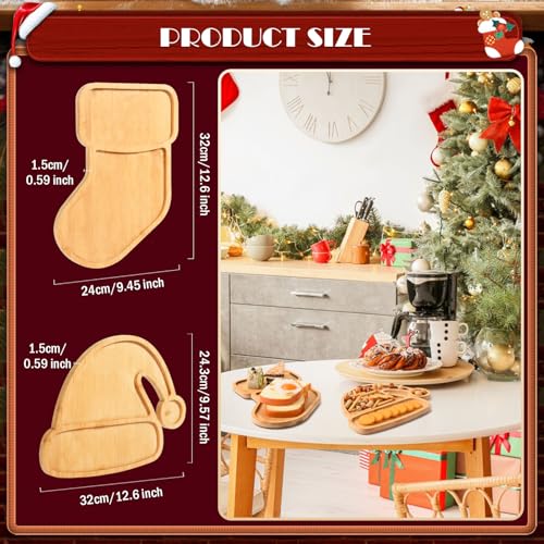 AWIZOM 2 Pcs Christmas Stocking & Santa Hat Wood Serving Trays, Bamboo Charcuterie Boards