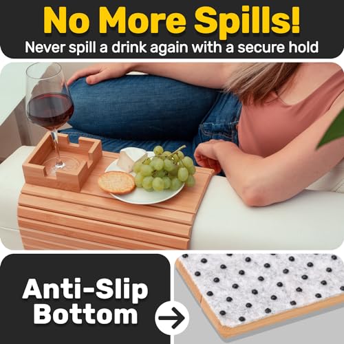 Bamboo Sofa Armrest Tray with Cup Holder for Couch and Recliner