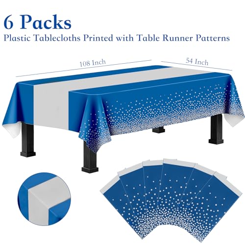 Ammbeetty Blue & Silver 6-Pack Disposable Table Cloths, 54 x 108 in Rectangular Party Cover