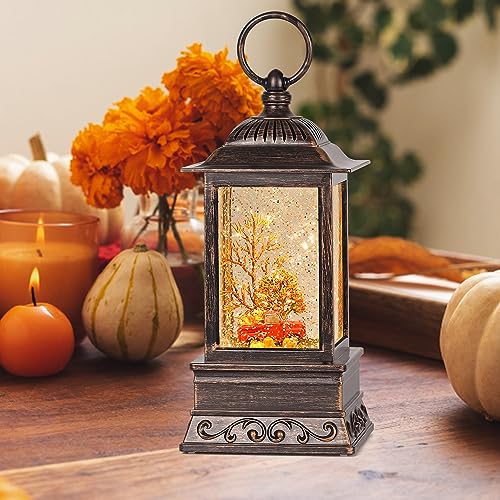 Lighted Fall Snow Globe Lantern with Red Truck, USB/Battery Powered Decor