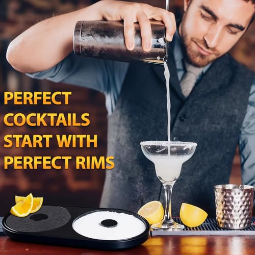 2-in-1 Cocktail Rimmer Set for Margaritas & Mojitos - Salt & Sugar with Sponge, Dishwasher Safe - Black