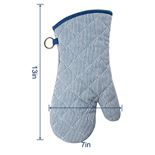 Extra-Long Cotton Oven Mitts, Heat Resistant 470°F - 1 Pair Blue Striped