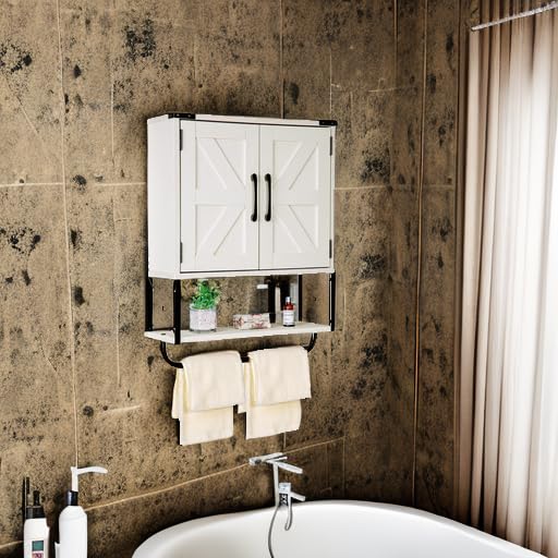 Farmhouse Medicine Cabinet with Barn Doors and Towel Rack, Wood Wall Storage