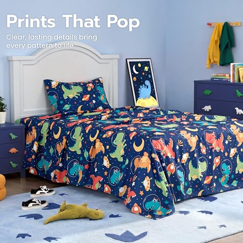 3-Piece Twin Sheet Set - Soft Microfiber Space Dinosaur Bedding for Kids
