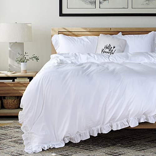 White Ruffled Duvet Cover Set, 3-Piece Queen Washed Cotton Bedding