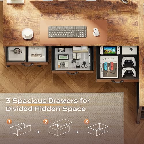 55-Inch L-Shaped Computer Desk with Power Outlets, USB Port & 3 Storage Drawers