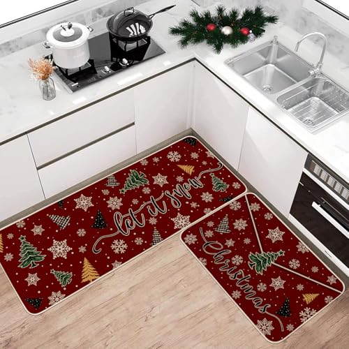 Moutina Let It Snow Christmas Kitchen Rugs Set of 2, Red 17x29 & 17x47 Inch