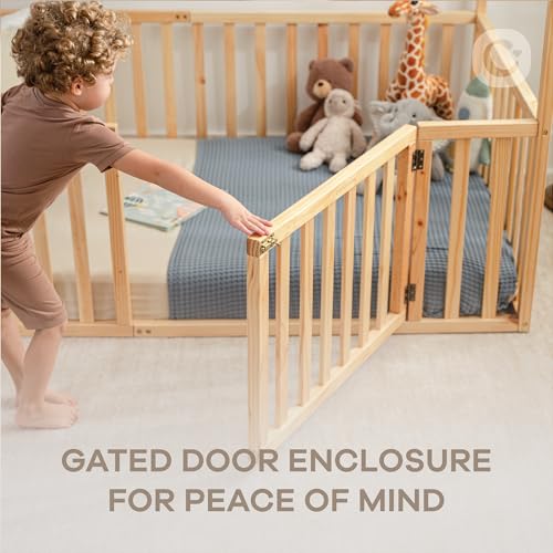 Twin Size Montessori House Bed Frame with Safety Gate and Wood Rails